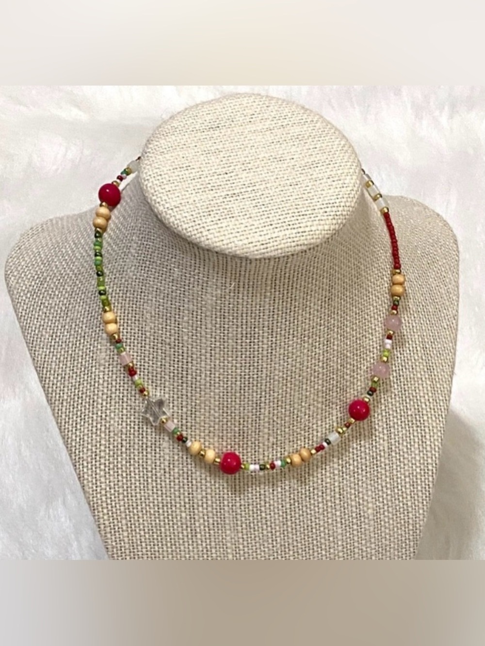 Red Green Star Beaded Choker Necklace Boho Y2K Fairy Festival Eclectic Preppy